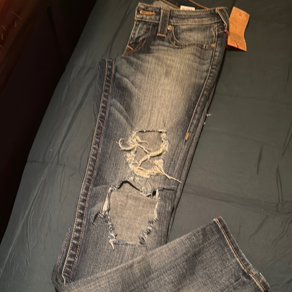 True Religion Blue Skinny Jeans with Distressed Details Runs Small